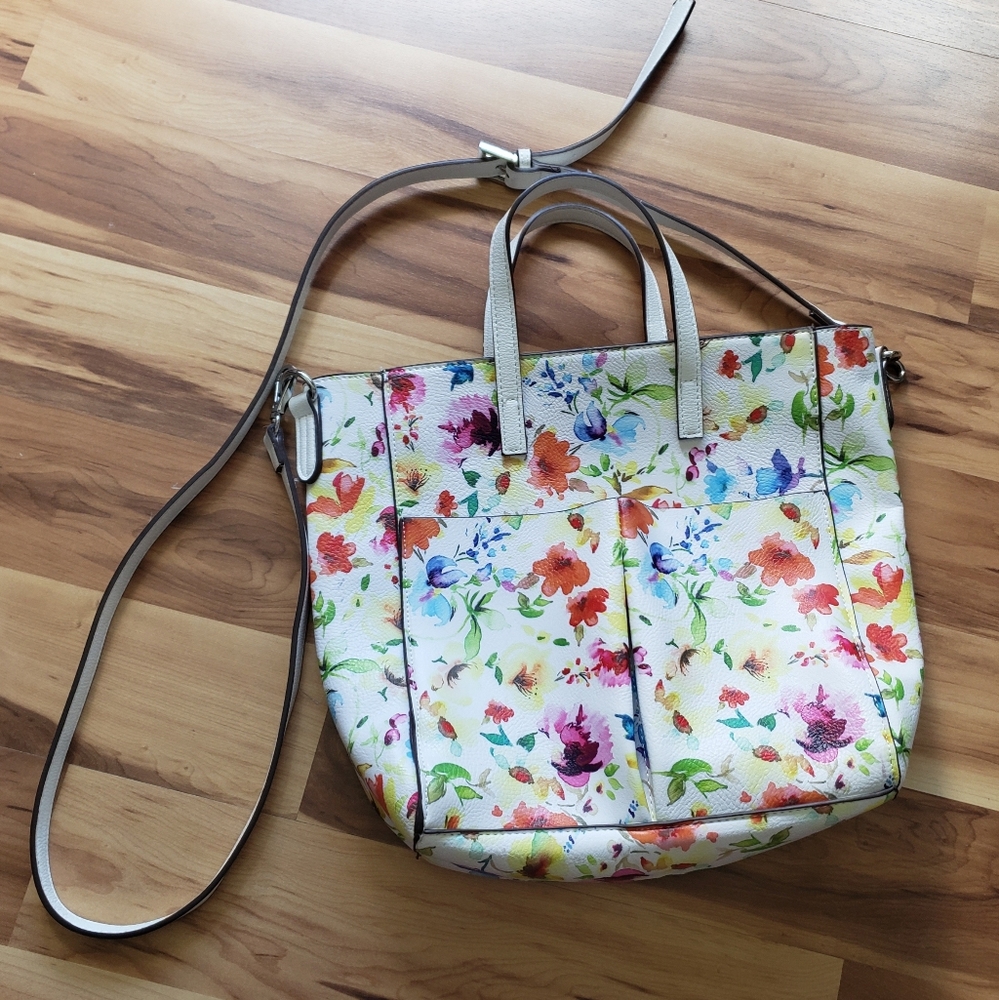 Carlos Santana white watercolor floral print crossbody bag tote FLAWS